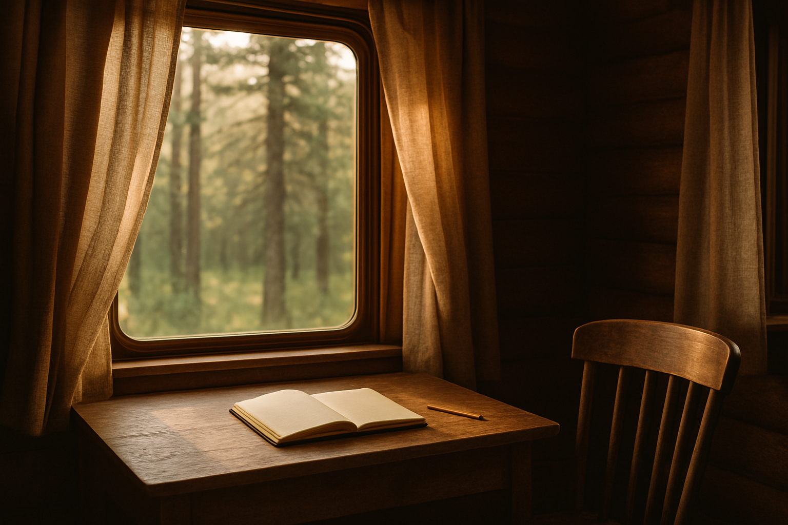 A desk in a cozy cabin